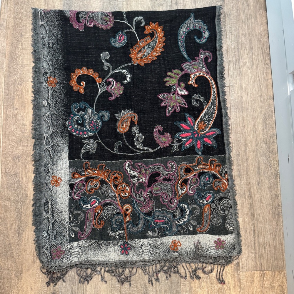 Tolani Scarf Black Paisley Animal Print Floral Embroidered Tassel Wrap Shawl